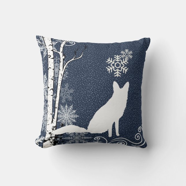 White Foxes in Winter Birch Forest Throw Pillow (Front)