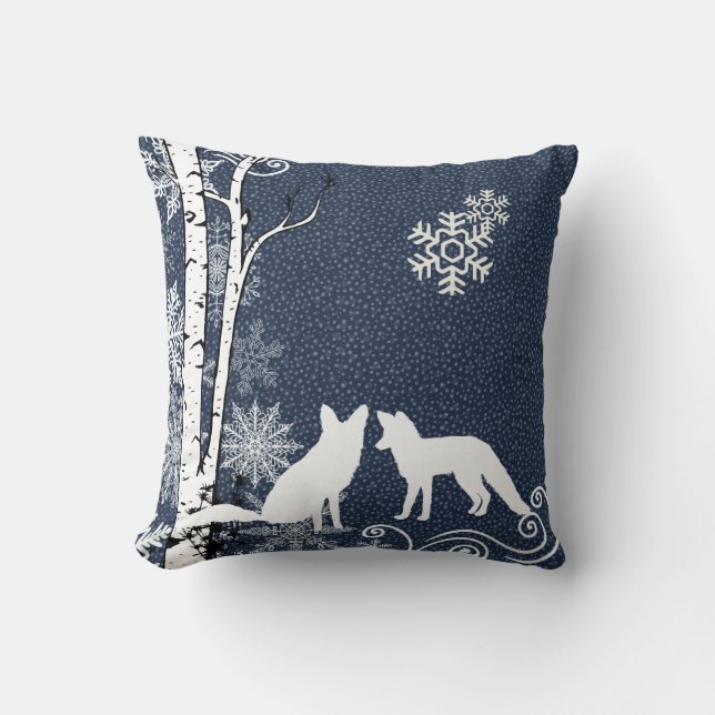 White Foxes in Winter Birch Forest Throw Pillow (Front)