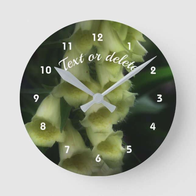 White Foxglove Flowers Personalized Round Clock (Front)