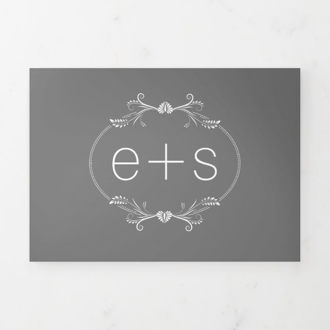 White frame and initials monogram grey wedding Tri-Fold invitation (Cover)