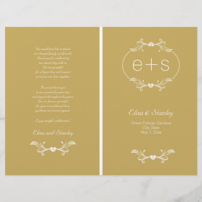 White frame, initials folded gold wedding program (Front)