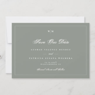 White Frame Monogram Sage Green Grey Photo Wedding Save The Date