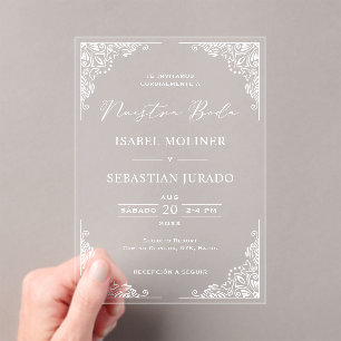 White Frame Ornate Nuestra Boda Spanish Wedding Acrylic Invitations