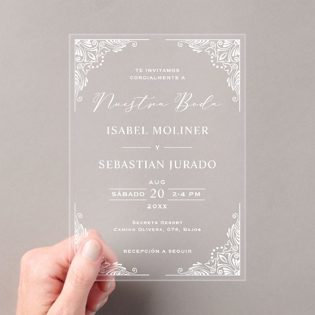 White Frame Ornate Nuestra Boda Spanish Wedding Acrylic Invitations (Insitu (Handheld))