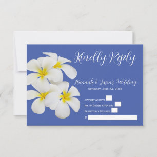 White Frangipani Flowers, on Blue, Wedding RSVP Thank You Card