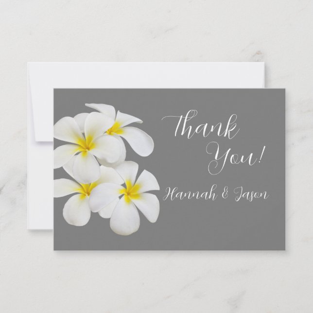 White Frangipani Flowers, on Medium Grey, Wedding Thank You Card (Front)