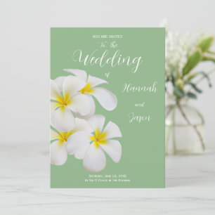 White Frangipani Flowers, on Sage, Wedding Invitation