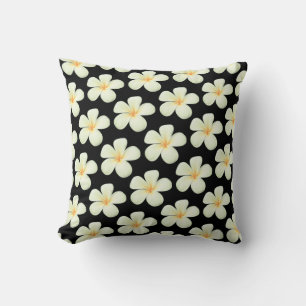 White Frangipani Plumeria Flowers on Black Throw Pillow