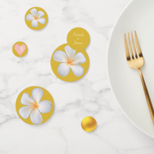 White Frangipani Plumeria Flowers on Golden Confetti