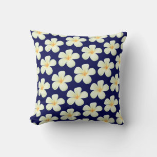 White Frangipani Plumeria Flowers on Navy Blue Throw Pillow
