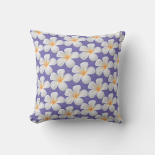 White Frangipani Plumeria Flowers on Periwinkle Throw Pillow