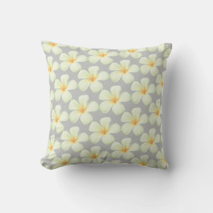 White Frangipani Plumeria Flowers on Silver Grey Throw Pillow