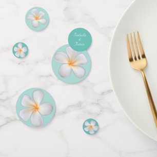 White Frangipani Plumeria Flowers on Teal Confetti