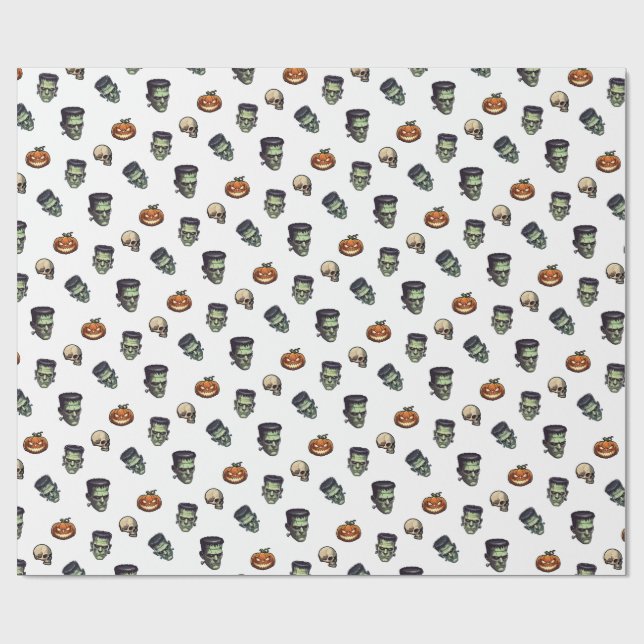 🤍 White Frankenstein Halloween Wrap 💀🎁 Wrapping Paper (Flat)