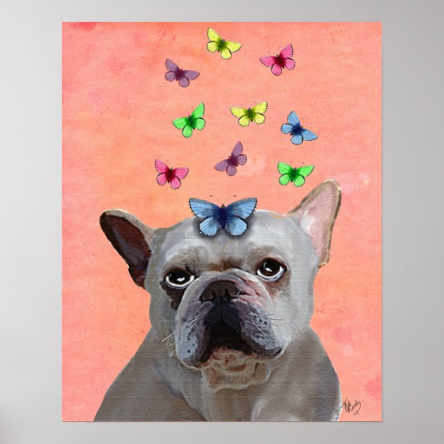 White French Bulldog and Butterflies Poster (Front)