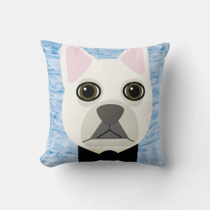 White French Bulldog, Blue Throw Pillow