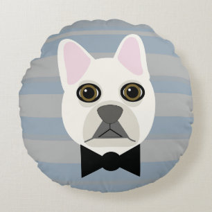 White French Bulldog, Stripes Round Pillow