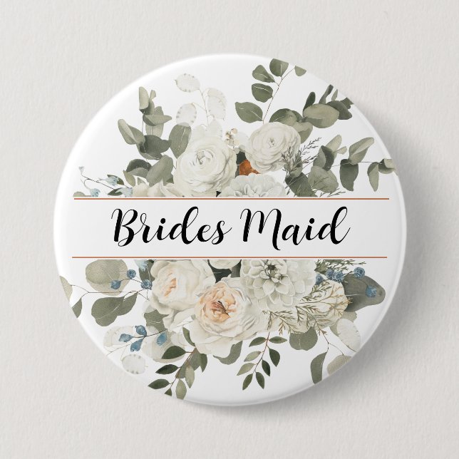 White French Peonies and Greenery Floral Monogram 3 Inch Round Button (Front)