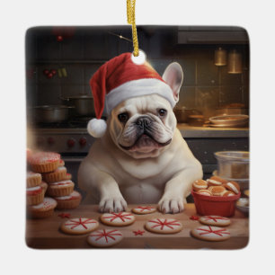 White Frenchie Christmas Cookies Festive Holiday Ceramic Ornament