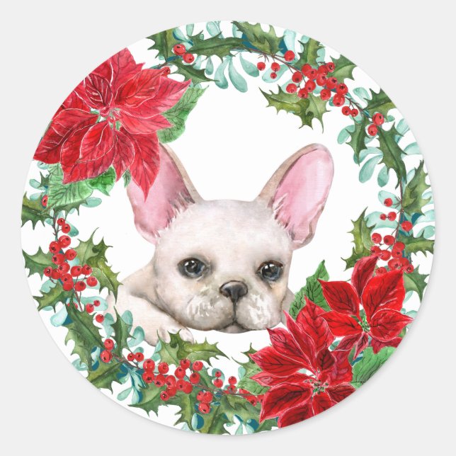 White Frenchie Poinsettia Holly Berry Wreath Classic Round Sticker (Front)