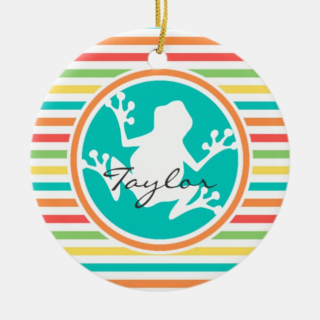 White Frog; Bright Rainbow Stripes Ceramic Ornament (Front)
