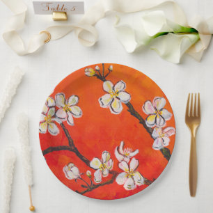 White Fruit Blossoms Orange Red Smell of Spring  Paper Plate