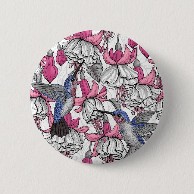 White fuchsia and hummingbirds 2 inch round button (Front)