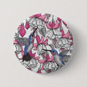 White fuchsia and hummingbirds 2 inch round button