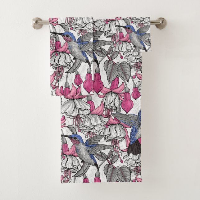 White fuchsia and hummingbirds bath towel set (Insitu)
