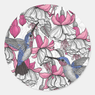 White fuchsia and hummingbirds classic round sticker