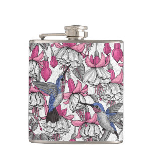 White fuchsia and hummingbirds hip flask