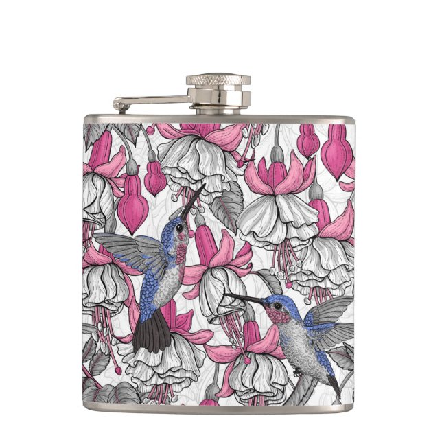 White fuchsia and hummingbirds hip flask (Front)