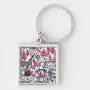White fuchsia and hummingbirds keychain