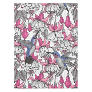 White fuchsia and hummingbirds tablecloth