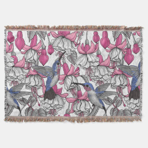 White fuchsia and hummingbirds throw blanket