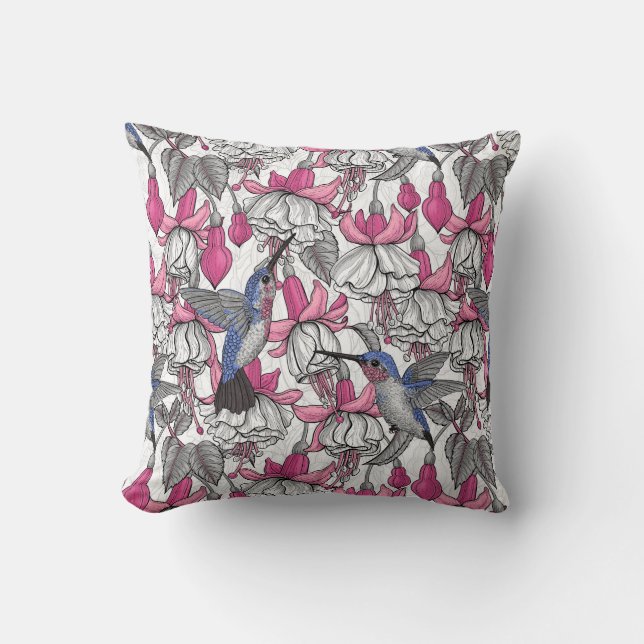 White fuchsia and hummingbirds throw pillow (Front)