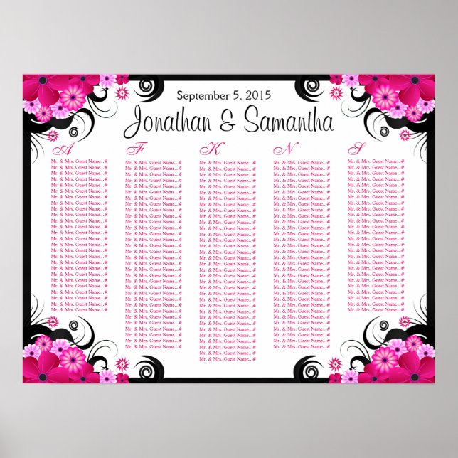 White Fuchsia Floral Wedding Table Seating Charts (Front)