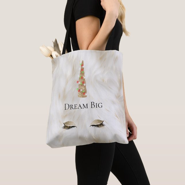 White Fur Gold Sparkle Glam Unicorn Lights Tote Bag (Close Up)