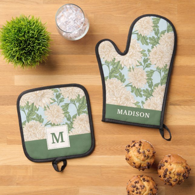 White Garden Mum Flower Pattern Oven Mitt & Pot Holder Set (Top Down)