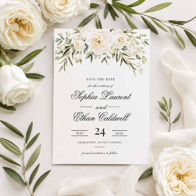 White Garden Roses Wedding Save the Date Invitation (Save your date with timeless white roses and elegant minimalist style.)