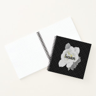 White Gardenia Flower on Black and White Polka Dot Notebook