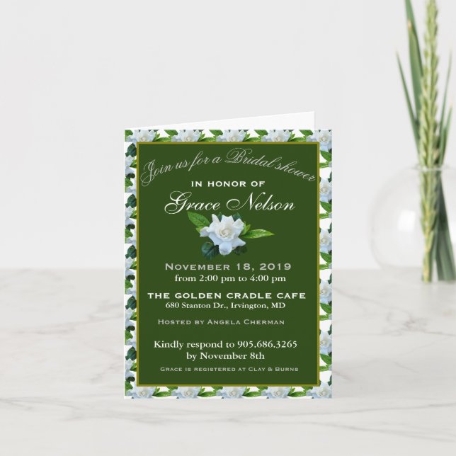 White Gardenia Green Foliage Bridal Shower Invitation (Front)