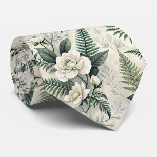 White Gardenia Sage Fern Woodland Floral Tie