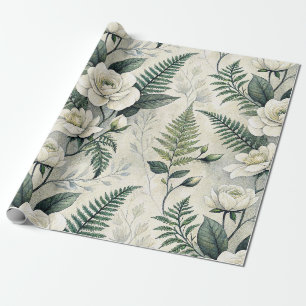 White Gardenia Sage Fern Woodland Floral Wrapping Paper