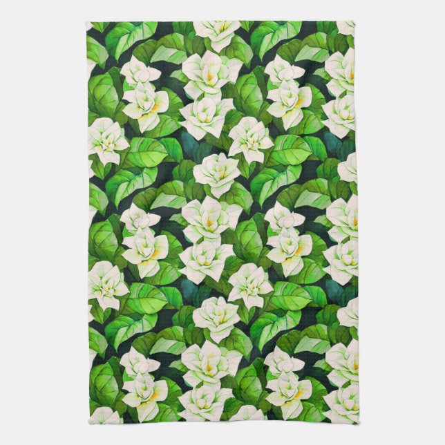 White Gardenias and Jade Green Leaves Kitchen Towel (Vertical)