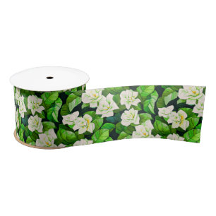 White Gardenias and Jade Green Leaves Satin Ribbon