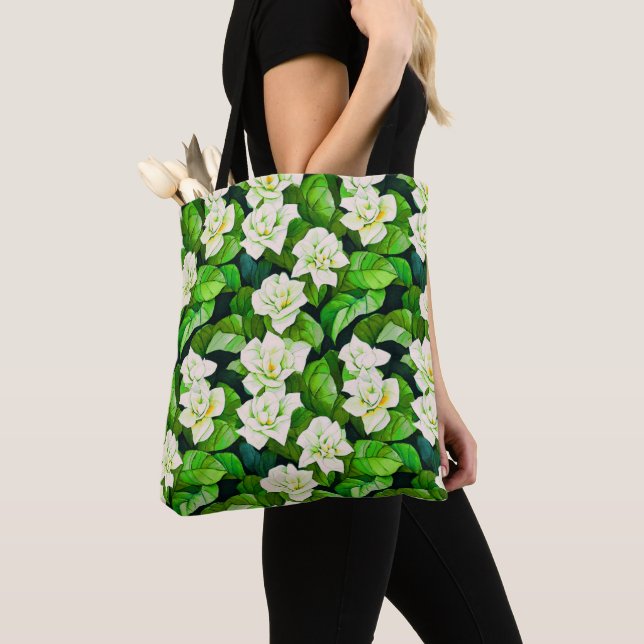 White Gardenias and Jade Green Leaves Tote Bag (Close Up)