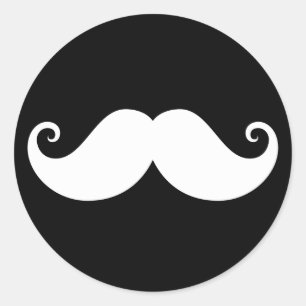 White gentleman handlebar moustache on black classic round sticker
