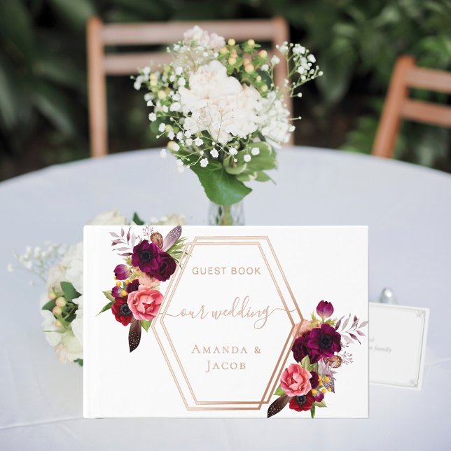 White geometric burgundy pink florals wedding  guest book (Creator Uploaded)