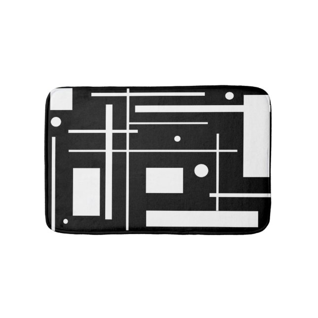 White Geometric Shapes On Black Bath Mat (Front)